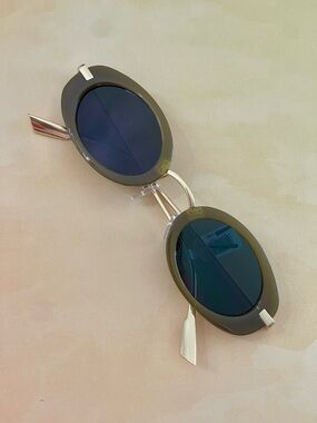 Free People Olive Green Oval Sunglasses with Gold Tone Metal Arms- Black Lenses